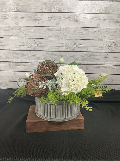 Tin with White Hydrangeas